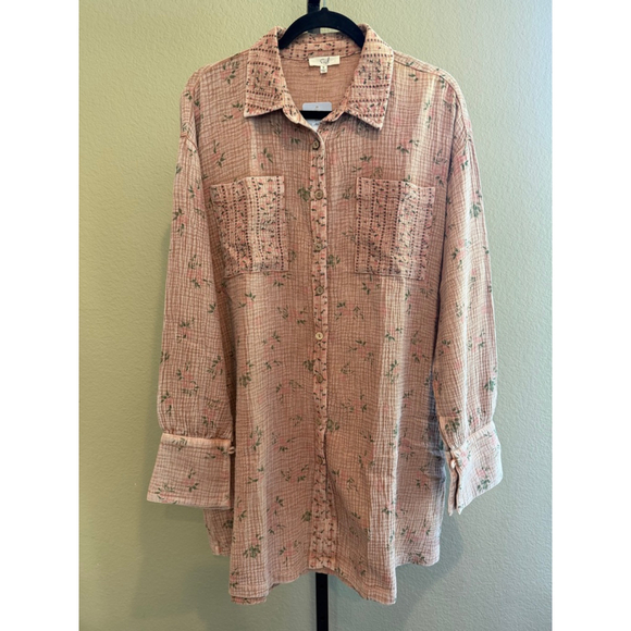 Easel Oversized Floral Print Cotton Gauze Washed Shirt Dress Mocha Mousse Size S - Picture 3 of 11